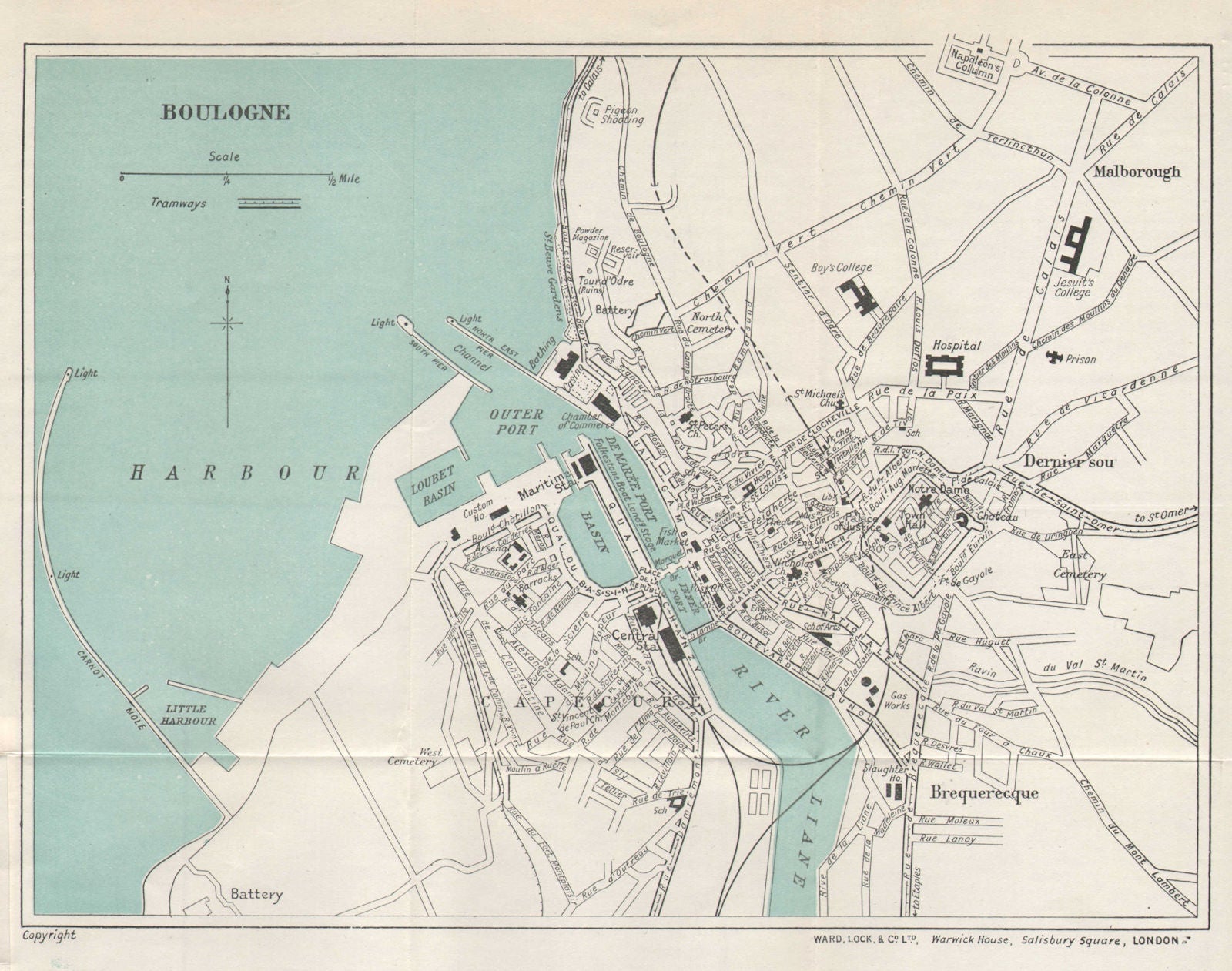 BOULOGNE vintage tourist town city plan. Pas-de-Calais. WARD LOCK 1928 old map